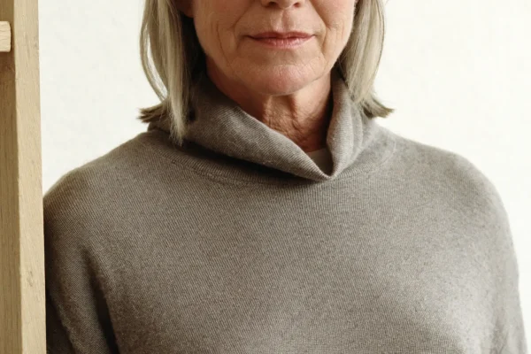 Frau um die 60 mit schulterlangem silbergrauem Haar und taupefarbenem Rollkragenpullover steht an einem hellen Holzpfosten
