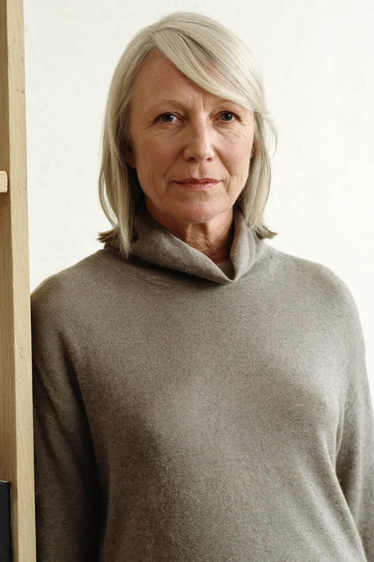 Frau um die 60 mit schulterlangem silbergrauem Haar und taupefarbenem Rollkragenpullover steht an einem hellen Holzpfosten