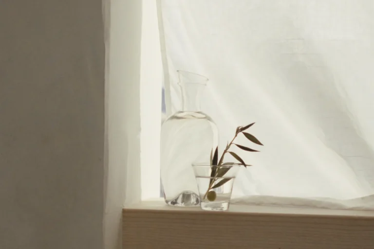 Glaskaraffe und Wasserglas mit Olivenzweig auf einer hellen Holzfensterbank vor einem Leinenvorhang im Gegenlicht